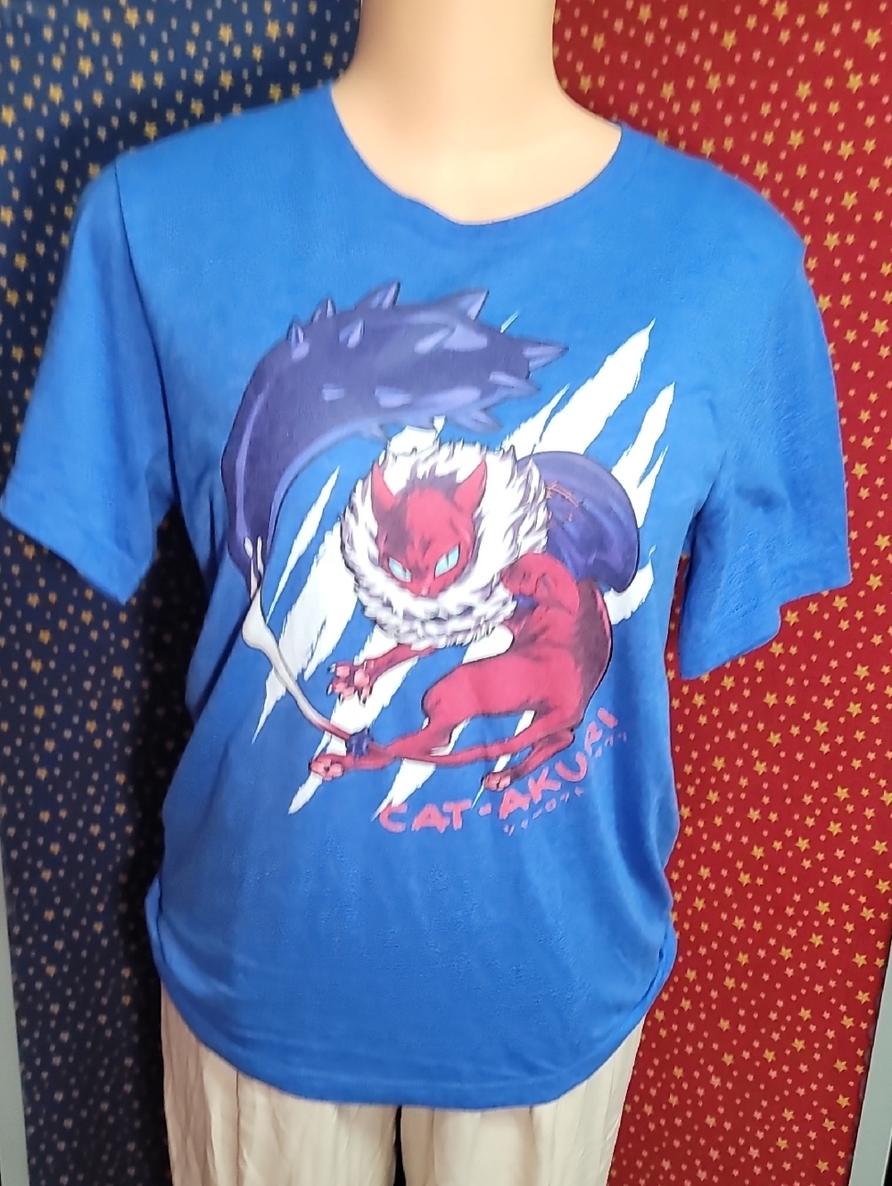 Bella Canvas Blue Short Sleeve Tee with Red & Purple Cat Graphic